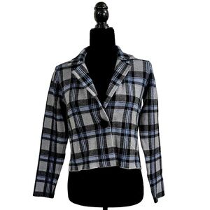 Tahari Knit Blazer - Black and Blue Plaid - Cropped/Stretchy